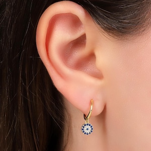 Dangling Evil Eye Charm Huggie Hoop Earrings, 925 Sterling Silver Evil Eye Charm Dangle Hoop Earring, Huggie Hoop with Dangly Evil Eye Charm