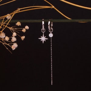 Long Chain Star Earrings, Sterling Silver Asymmetric Dangle Charm Hoop Earrings, Gold Starburst Threader Earrings, Star Long Tassel Earrings
