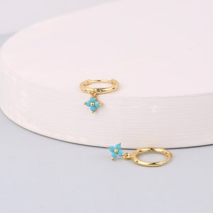 Turquoise Flower Charm Dangle Hoop Earrings, 925 Sterling Silver Hoop Earrings with Turquoise Flower, Flower Drop Hoop, Dangling Flower Hoop