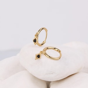 Black Stone Charm Dangle Hoop Earrings, Sterling Silver Dangly Black Charm Drop Hoop Earring, Tiny Gold Huggie Hoop with Dangling Onyx Charm