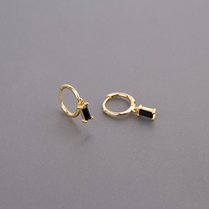 Dangling Black Stone Charm Hoop Earrings, Sterling Silver Tiny Baguette Onyx Charm Dangle Hoop Earring, Dangly Black Stone Drop Hoop Earring