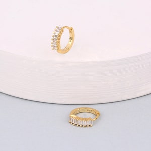 Tiny Baguette Cut CZ Huggie Hoop Earrings, Tiny Gold Diamond Huggie Hoop, 925 Sterling Silver Small Hoop Earring, Cartilage Hoop, Helix Hoop