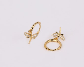 Gold Dragonfly Charm Hoop Earrings: Sterling Silver Dangle, Cubic Zirconia