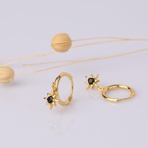 Dangly Black Star Hoop Earrings, 925 Sterling Silver Huggie Hoop Earrings with Dangling Star Charm, Starburst Charm Drop Dangle Hoop Earring