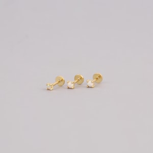 18G White Opal Threadless Push Pin Labret Stud, Solid Sterling Silver Cartilage Piercing Stud, Helix Stud, Tiny Opal Flat Back Stud Earring