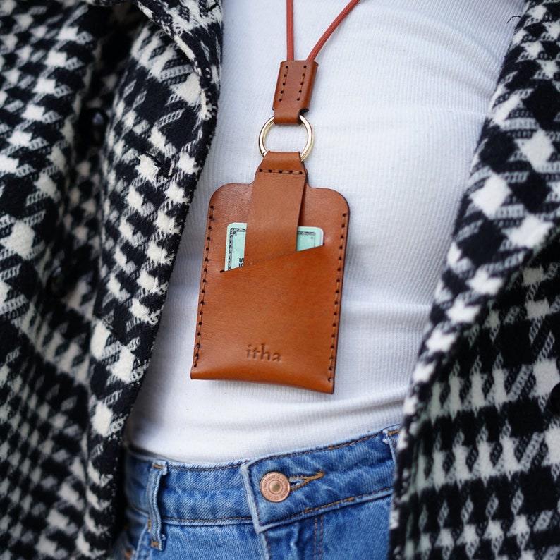 Leather ID Card Holder Wallet With Neck Strap, Leather Slim Card Holder