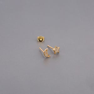Tiny Moon Star Stud Earrings, Mini Pave Crescent Moon and Star Stud Earrings, Sterling Silver Sparkly Half Moon and Star Small Stud Earrings