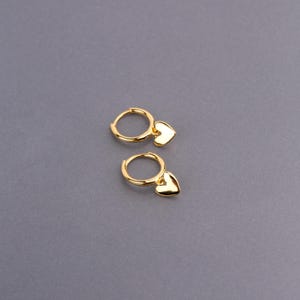 Heart Charm Dangle Hoop Earrings, Sterling Silver Huggie Hoop Earrings with Dangling Love Heart Charm, Dangly Heart Charm Drop Hoop Earrings