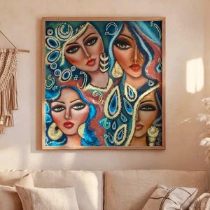 Arab Women Printable Painting, Iraqi Beauty Women Art, Handmade Four Women Art, Arab Cultural Wall Art, Traditional Middle Eastern Art