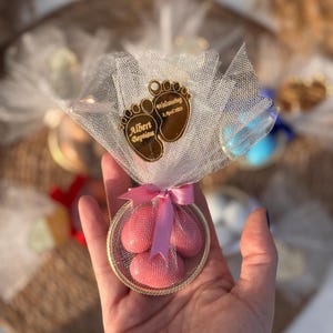 Pink Baptism Favors with Almond Candy, Custom Baby Christening Gifts, Elegant Tulle Wrapped Sweets, Unique Newborn Celebration Keeps
