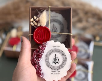 Personalisierte Ayatul Kursi Favor Box - Islamische Hochzeit | Nikkah | Ameen | Aqiqah Geschenk - Kundenspezifisches muslimisches Andenken mit Wachssiegel & getrockneten Blumen