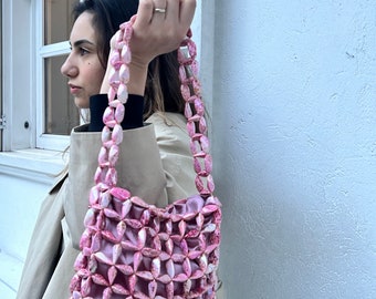 Pink Bead Bag, Beaded Bag, Custon Bead Bag, Crystal Brown Beaded Bag, Beaded Bag Handle, Bead Shoulder Bag, Evening bag handle,