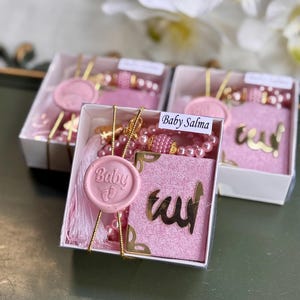 Islamic Baby Girl Gift Box - Allah Name Keepsake - Muslim Newborn Welcome Favor - Pink Tasbih Baby Shower Mevlid Gift for Guests