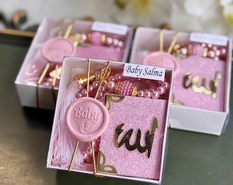 Islamic Baby Girl Gift Box - Allah Name Keepsake - Muslim Newborn Welcome Favor - Pink Tasbih Baby Shower Mevlid Gift for Guests