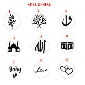 May include: Nine circular seal designs with black graphics on a white background. The designs include a sprig, a tree, Arabic calligraphy, a mosque, the word "Allah" in Arabic, a building, the word "Baby" with footprints, the word "Love", and two intertwined hearts. The text "SEAL DESING" is at the top.