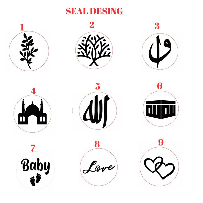 May include: Nine circular seal designs with black graphics on a white background. The designs include a sprig, a tree, Arabic calligraphy, a mosque, the word "Allah" in Arabic, a building, the word "Baby" with footprints, the word "Love", and two intertwined hearts. The text "SEAL DESING" is at the top.