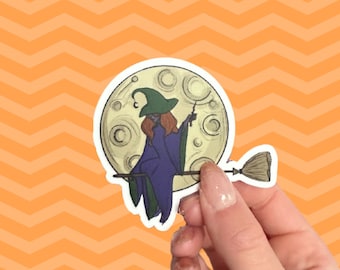 Moon Witch Halloween Vinyl Sticker, Die Cut Sticker, Waterproof Vinyl, Water Bottle Sticker, Cute, Fall Holidays