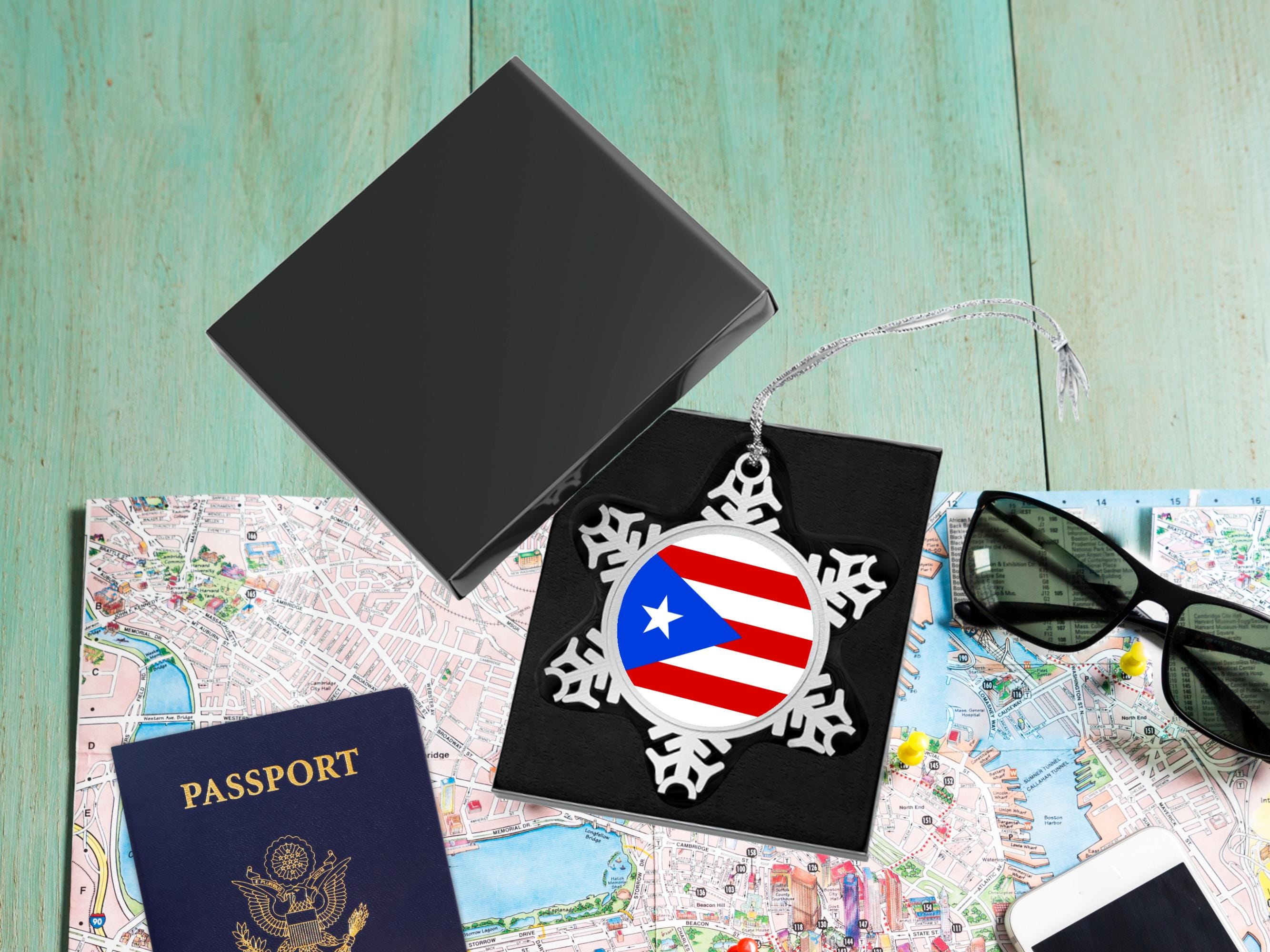 Discover Puerto Rico Flag Travel Lover, Ornament & Gift Box, Puerto Rico Vacation Memory, Pewter Snowflake Decoration, Christmas Holiday Keepsake