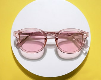 Lunettes à monture ronde roses, rivets en diamant, verres teintés rétro