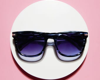 Stripped Blue Rounded Square Sunglasses, Gradient Purple Lens, Classic Retro Style (52-22-145mm)