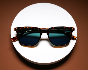 Retro Tortoiseshell Rectangular Sunglasses, Dark Green Lenses