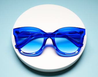 Lunettes de soleil papillon bleues, monture surdimensionnée en acétate, lunettes de créateur