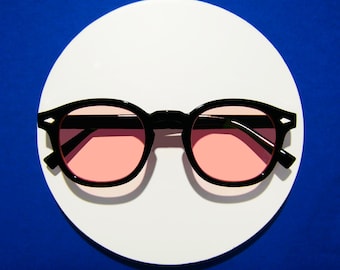 Lunettes rondes rétro en forme de trou de serrure, monture noire, verres roses