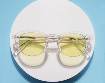 Lunettes de vue transparentes, verres jaunes, rivets en diamant, lunettes de soleil teintées rétro