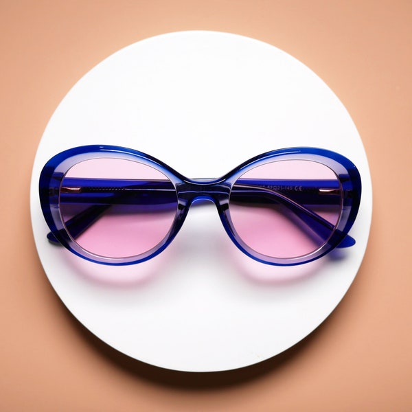 New Vintage 'Jackie O' Oversized Round Eyeglasses with Pink Lenses, Two-tone Eyeglass Frame Tinted Glasses for Light Sensitivity Photophobia