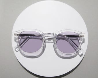 Monture ronde transparente, Verres gris, Rivets en diamant, Lunettes de soleil teintées rétro, Lunettes d'optique