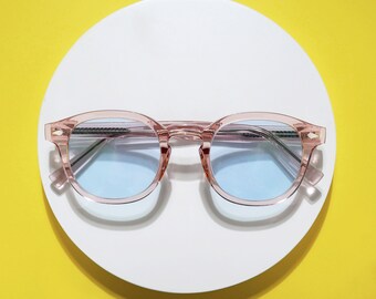 Round Tinted Glasses, Translucent Pink Frame, Diamond Rivets, Vintage Style