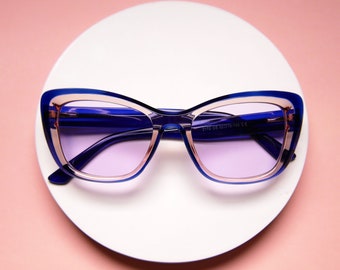 Two-Tone Cat-Eye Sunglasses, Purple Lens, Retro 50s-60s Vibe