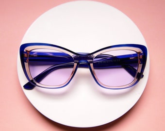 Zweifarbiger Cat-Eye-Rahmen mit violetten Brillengläsern, neue getönte Vintage-Design-Sonnenbrille, Lichtempfindlichkeit und Lichtscheu, übergroße Brille