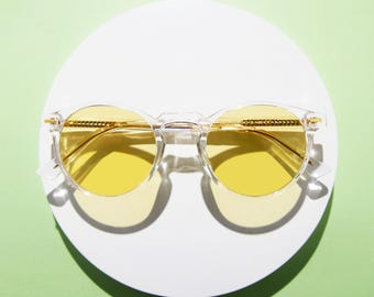 Monture optique, Lunettes rondes en cristal transparent, Verres jaunes, Pont rétro en forme de trou de serrure