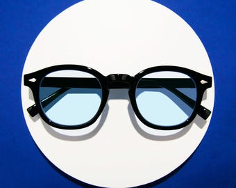 Lunettes rondes rétro en forme de trou de serrure, monture noire, verres bleu clair