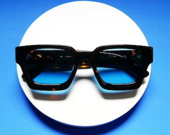 Lunettes de soleil écaille surdimensionnées, verres bleu denim, UV400, monture en acétate de cellulose