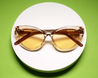 Crystal Cat-Eye Sunglasses, Beige Frame, Retro 50s-60s Style