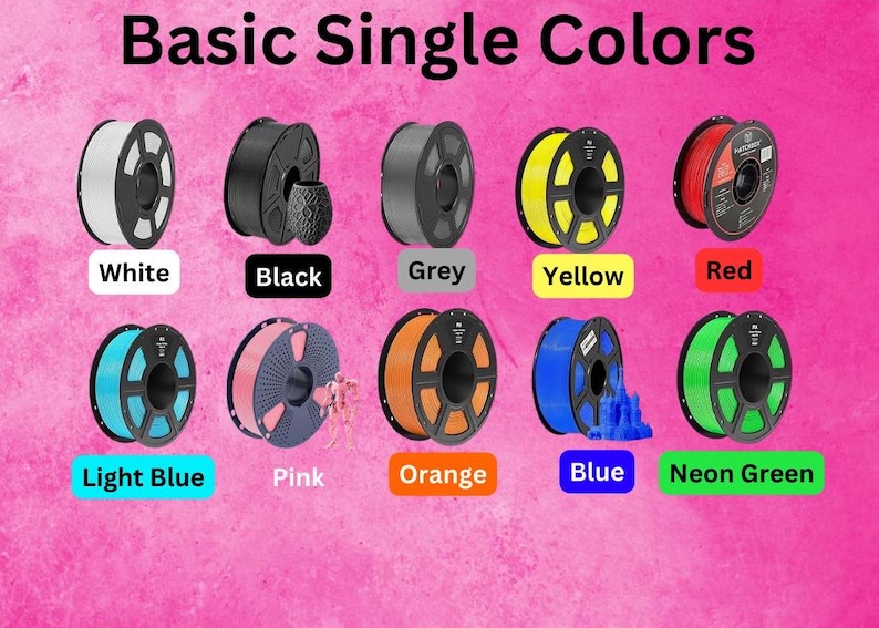 May include: Image of spools of 3D printing filament in various colors, including white, black, gray, yellow, red, light blue, pink, orange, blue, and neon green. The text "Basic Single Colors" is at the top.