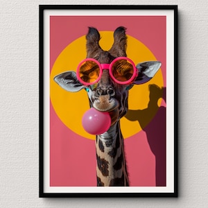 Jirafa moderna, gafas de sol / arte de pared para amantes de los animales, impresiones estéticas, impresiones en lienzo, jirafa, amante de los safaris, amante del café, habitación para adolescentes