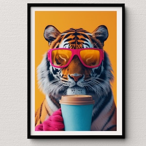 Tigre descansando mientras toma café / Arte mural para amantes de los animales, impresiones estéticas, impresiones en lienzo, arte moderno de tigre, amante del tigre, amante del café