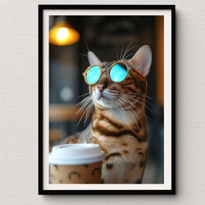 Bengal Katze Trinkt Kaffee | Wandkunst für den Tierliebhaber, ästhetische Drucke, Leinwanddrucke, Bengal-Katzenkunst, Bengal-Liebhaber, Kaffeeliebhaber