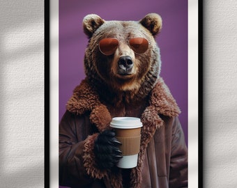 PRINT Brown Bear Drinking Coffee | Mother’s Day Art | Mama Bear | Wall Art for the Animal Lover, Aesthetic Prints, Canvas Prints