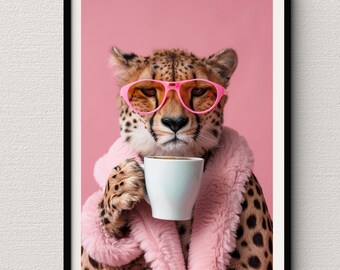 Chilling de Cheetah | Impressões estéticas de arte de parede de chita para entusiastas de gatos e café