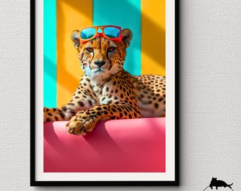 Chilling de Cheetah | Impressões estéticas de arte de parede de chita para entusiastas de gatos e café