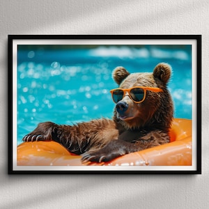 Grizzly Bear Chilling in the Pool | Modern art | Prints | Wall Art for the Animal Lover, Aesthetic Print, High Quality Print