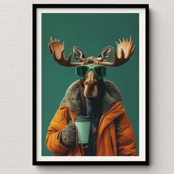 PRINT Elch, der Kaffee trinkt und kühlt | Wandkunst für Tierliebhaber, ästhetische Drucke, Leinwanddrucke, Elchkunst, Elchliebhaber