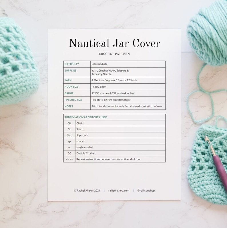 Crochet Pattern for Nautical Jar Cover shown printed on paper.