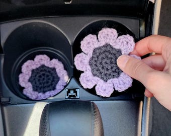 ひまわりの車型コースターのかぎ針編みパターン、ボヘミアン風花柄装飾