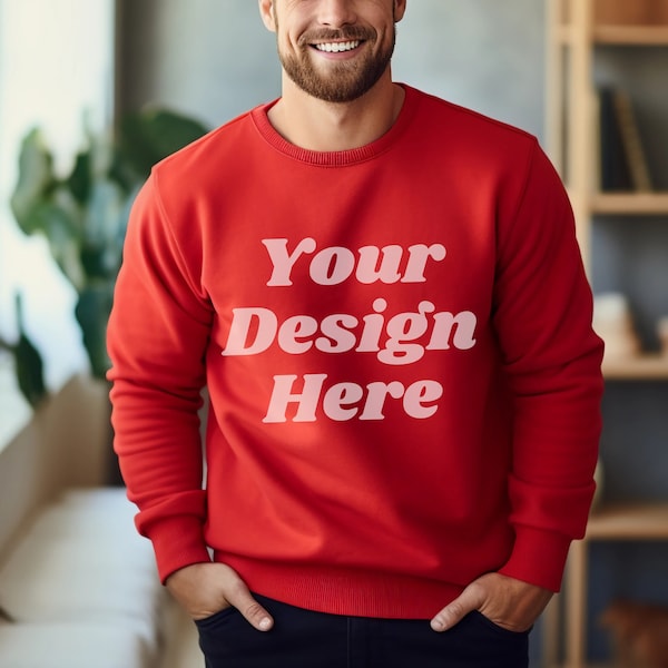 Gildan 18000 Mockup, Red Male Model Sweater Mockup, Sweatshirt Mens Lifestyle Mockup, Unisex Heavy Blend Sweatshirt, Gildan 18000 Red Mockup