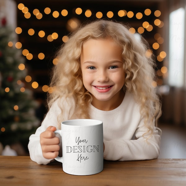 Christmas White Mug Mockup Kid Model, Hot Cocoa Mug Digital JPEG Image, Styled Stock Photo, POD Mug Mockup, Holiday Mug Image, Plain Mug